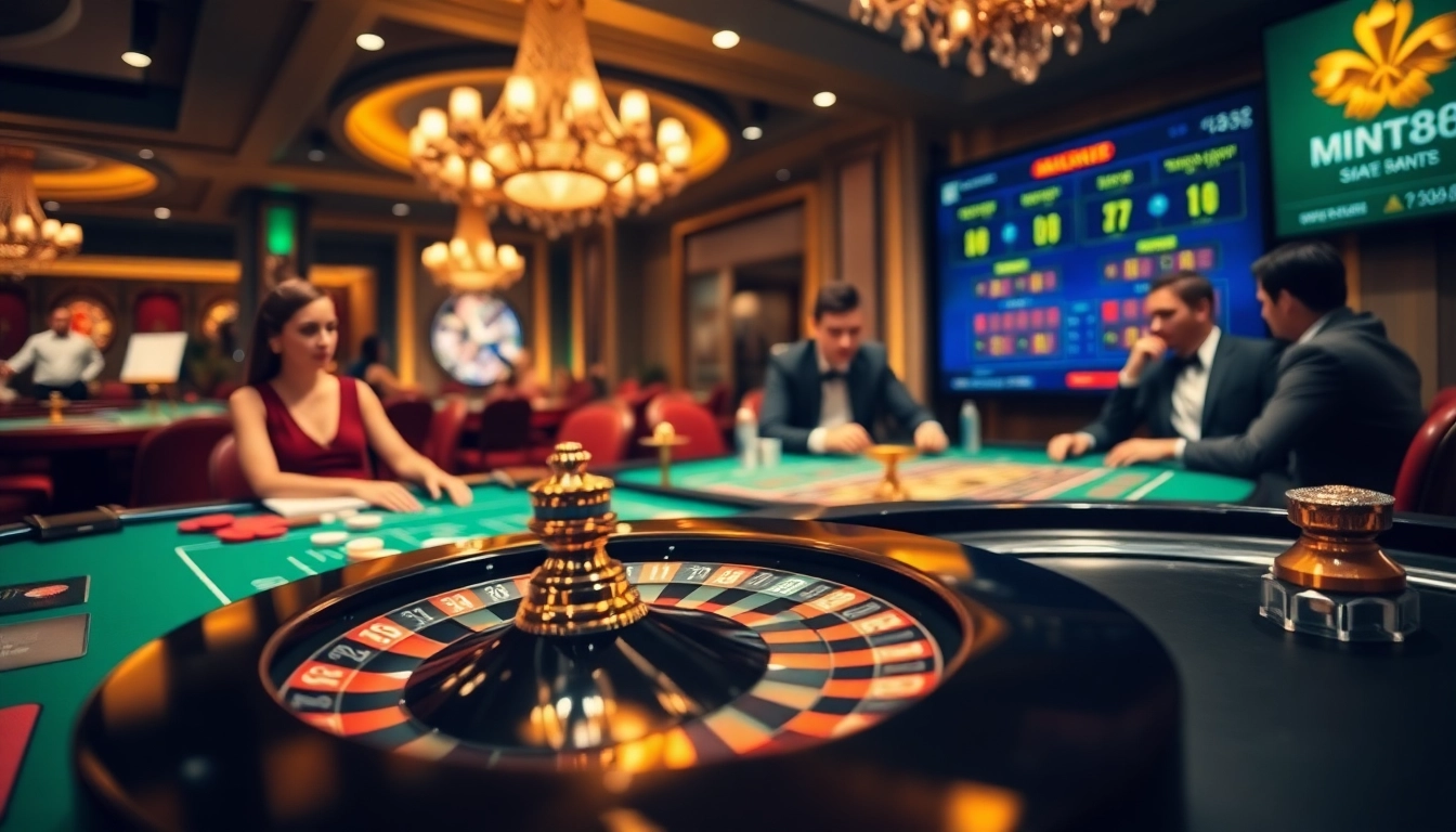 Experience thrilling gameplay at mint88 with poker tables and roulette wheels in a luxurious casino.