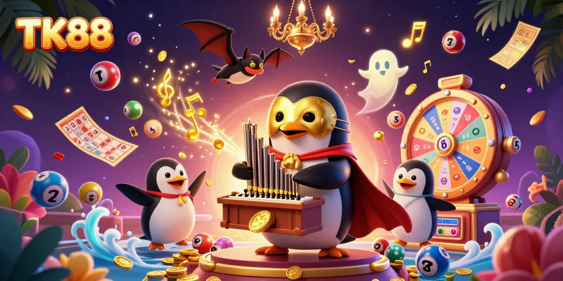 Experience the excitement of TK88 with a vibrant 3D casino scene full of animated elements.