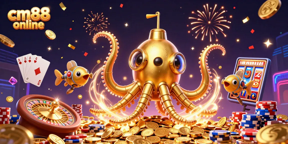 Experience the thrill of cm88 online with a vibrant 3D illustration featuring a golden kraken and casino elements.