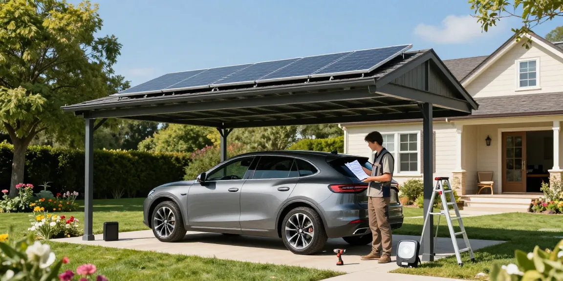 Ein Carport schützt ein modernes Auto, während eine Person Solarpanels installiert und Werkzeuge in einer grünen Umgebung nutzt.