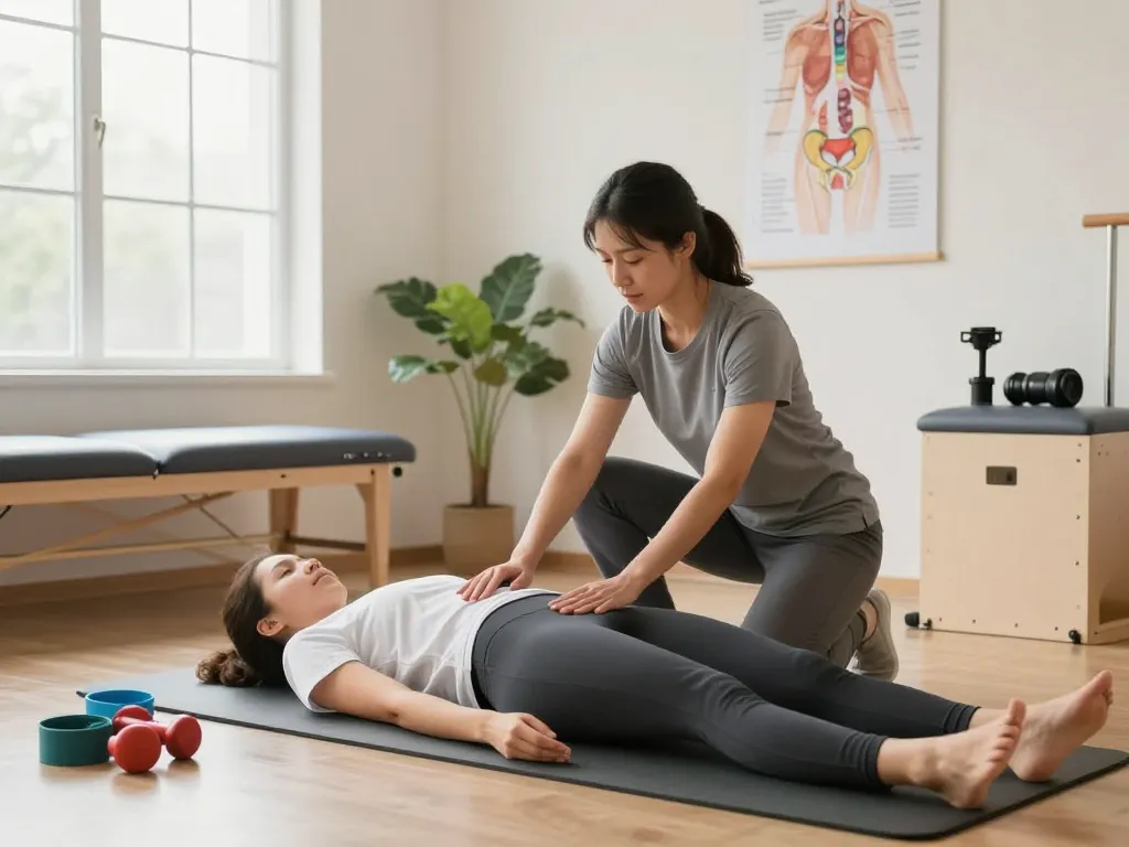 Effective therapy demonstration at https://pelvi-care.de/ showcasing pelvic floor exercises in a bright therapy room.