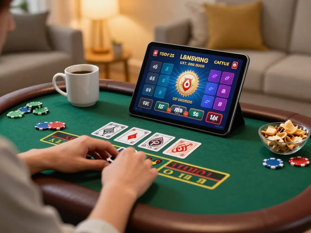Player enjoying live SV388 casino game on tablet at home in cozy setting