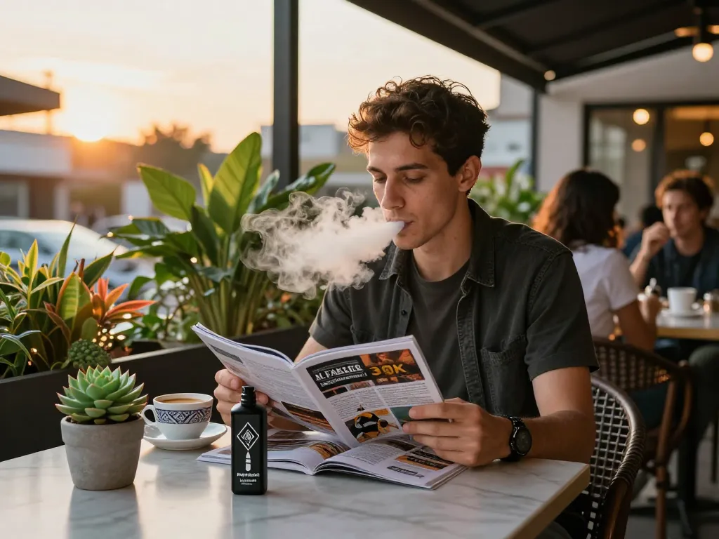 Genießen des Al Fakher 30K Hypermax Vape in einem stilvollen Café im Freien, das einen lebendigen urbanen Lebensstil zeigt.