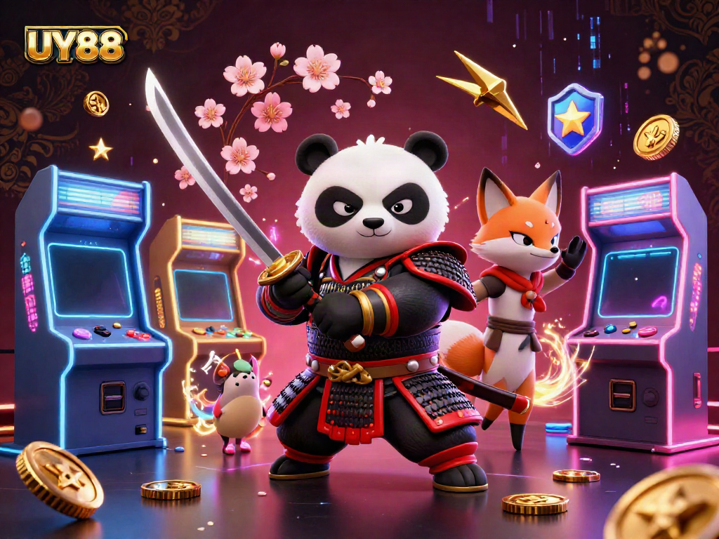 Engage with UY88's thrilling gaming world featuring samurai panda and ninja fox in a rich online casino experience.