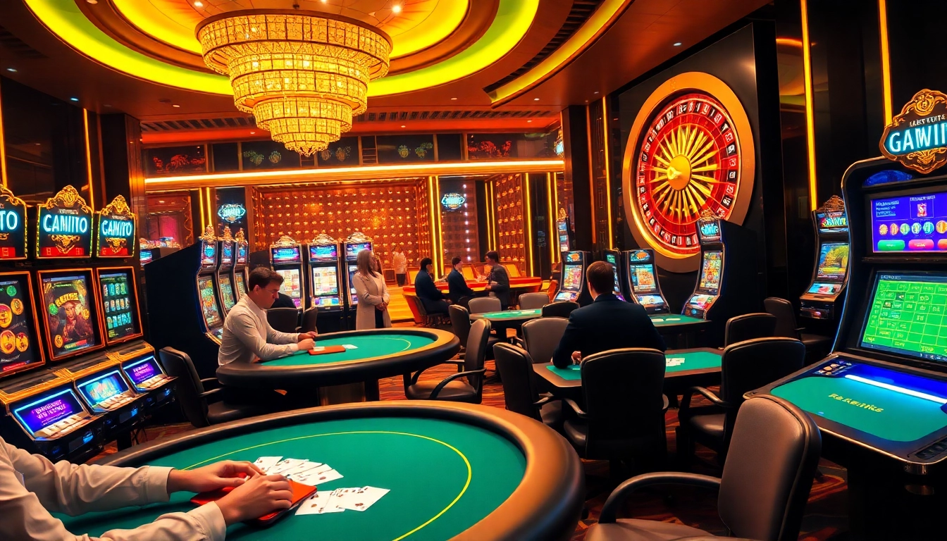 Immerse in the excitement of https://98win1.in.net/ with this dynamic online casino scene featuring vibrant slot machines and poker tables.