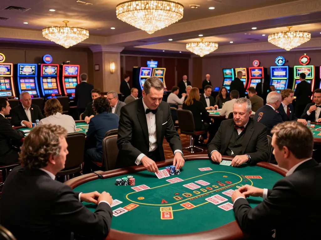 GG88 players excitingly placing bets and engaging in card games on a bustling casino floor