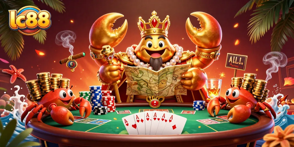 Experience thrilling gameplay at lc88 with a vibrant casino scene featuring a golden crab emperor and poker elements.