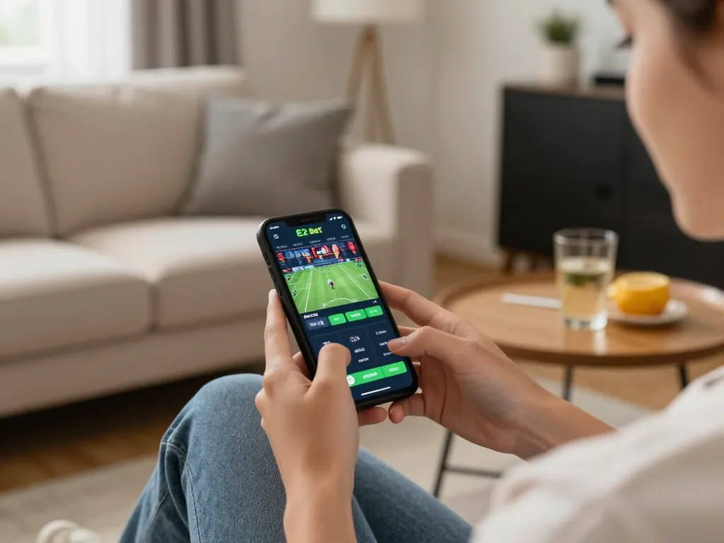 E2 Bet user placing live bets on mobile app during a cozy home gaming experience
