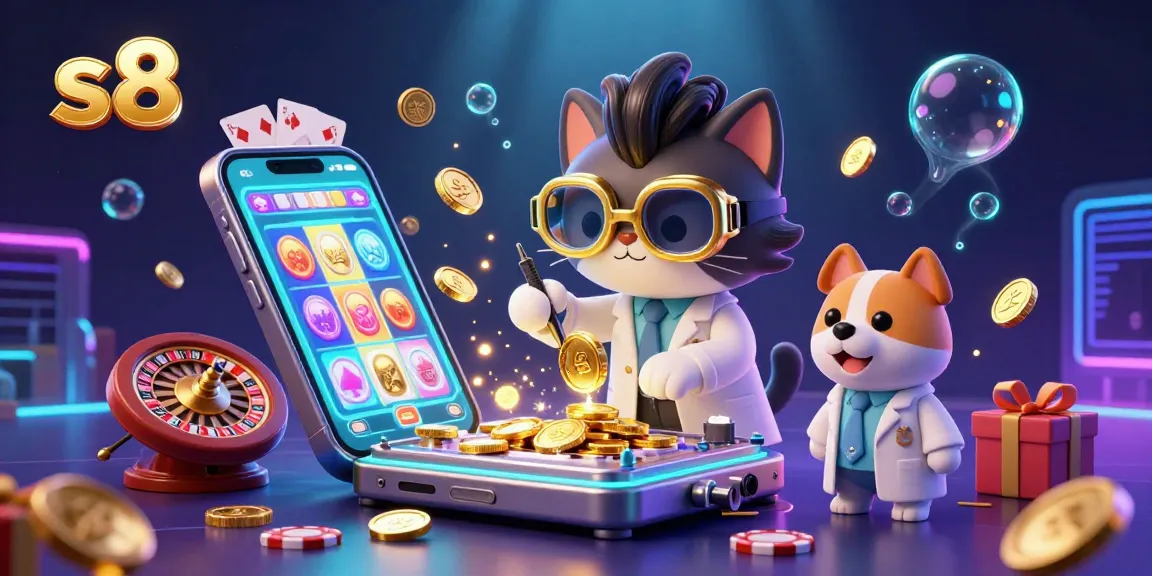 S8 captivates players with a 3D scene where a scientist cat creates a gold-replicating machine amidst slots and poker elements.