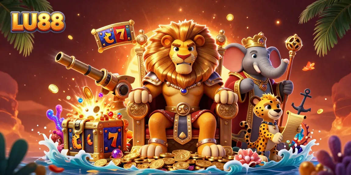Engage with LU88 at a vibrant casino scene featuring a lion king, flanked by an elephant and cheetah.