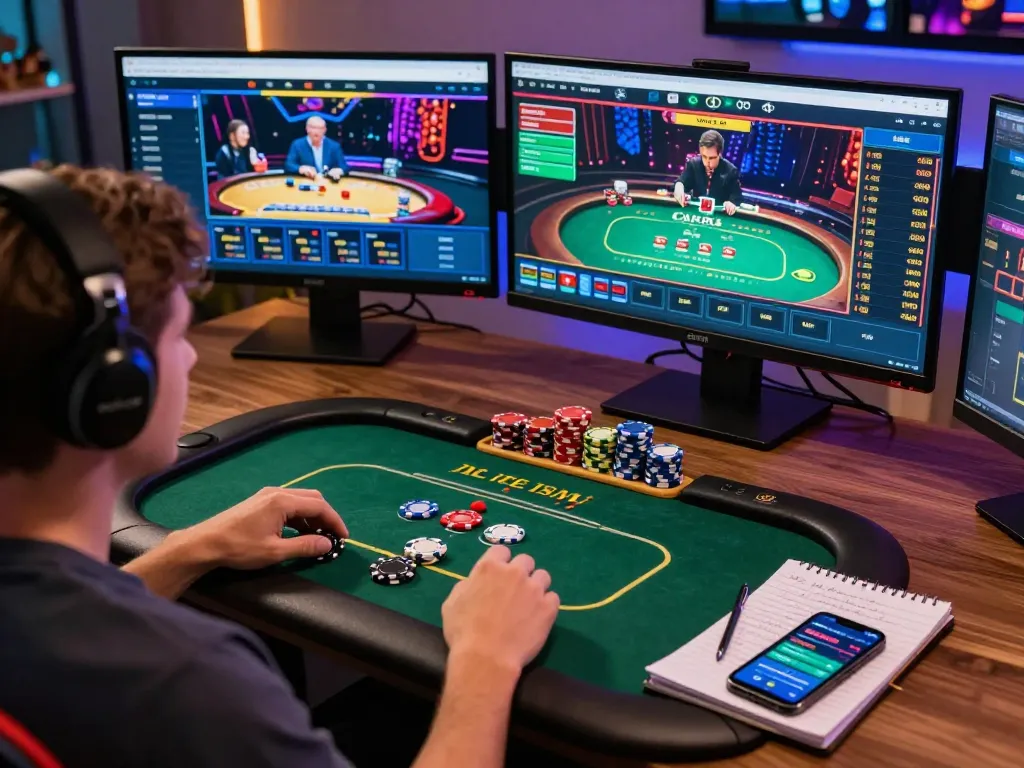 Enjoying strategic gameplay on da88 online casino with multiple screens showcasing thrilling poker sessions and betting apps.
