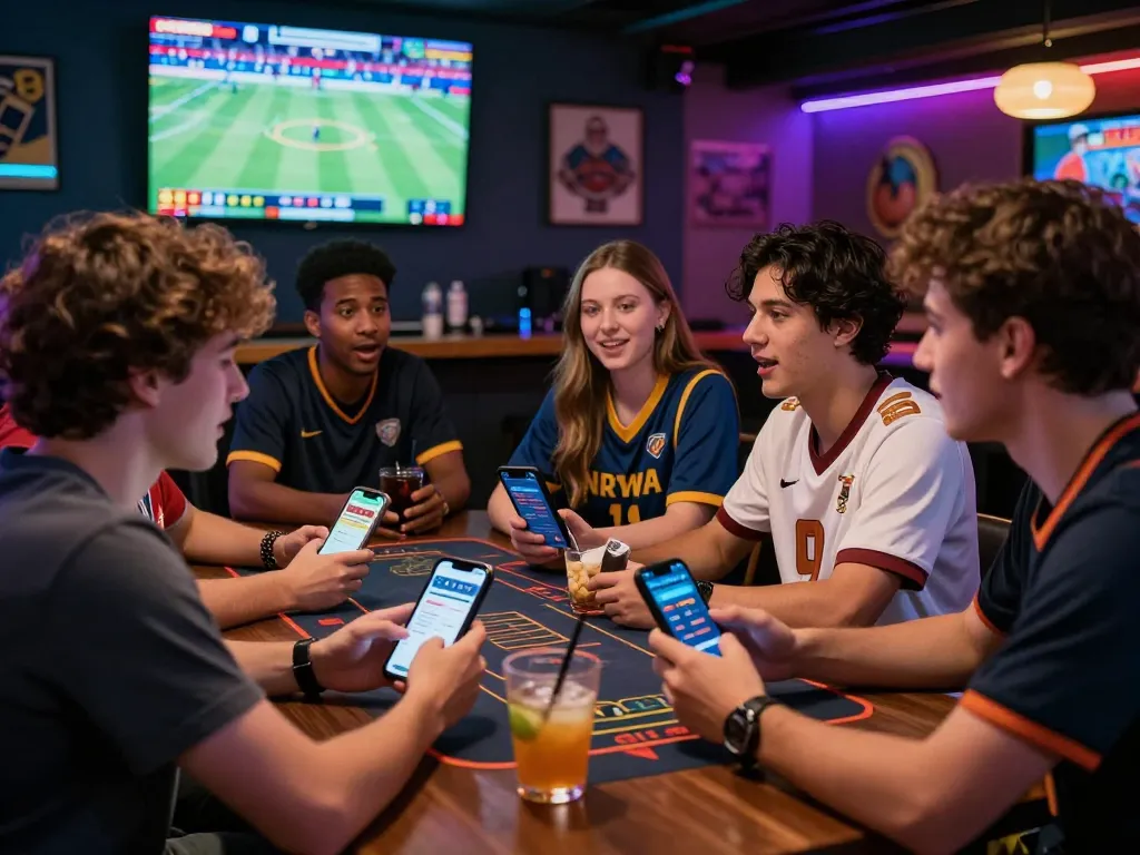 Dynamic sports betting scene with friends excitedly analyzing debet betting app during live games