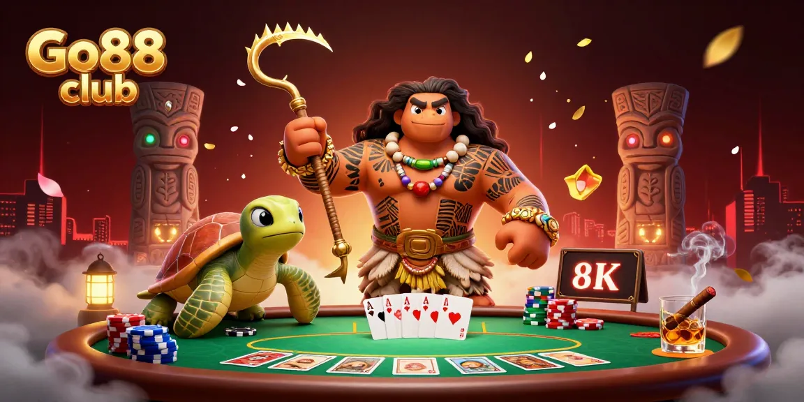 Play exciting games at Go88 club with vibrant poker setup and fantasy characters.