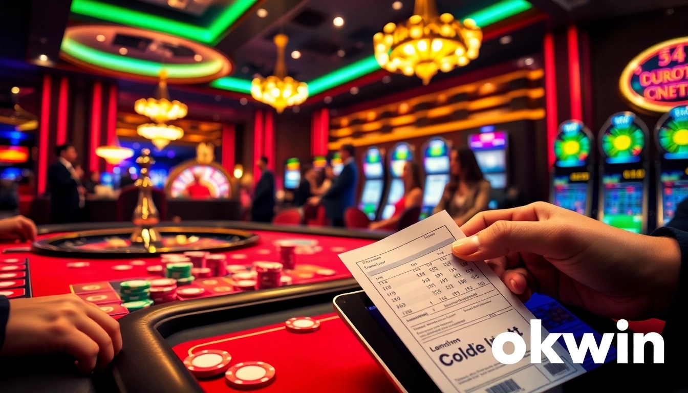 Experience the thrill of gambling at okwin's luxurious casino, featuring vibrant poker tables and betting slips.