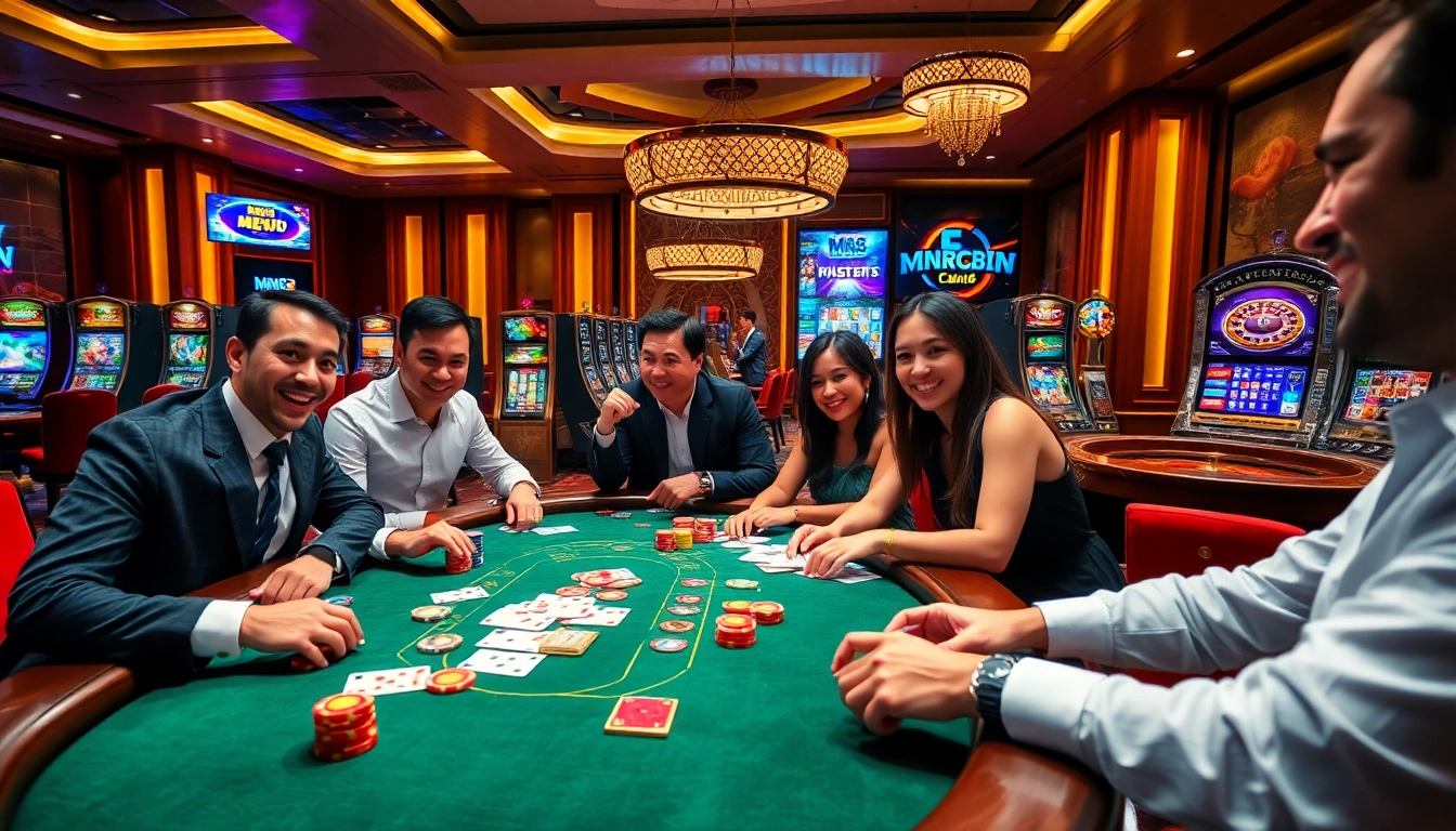 MM88 players experiencing the excitement of casino games with vibrant slots and poker tables.