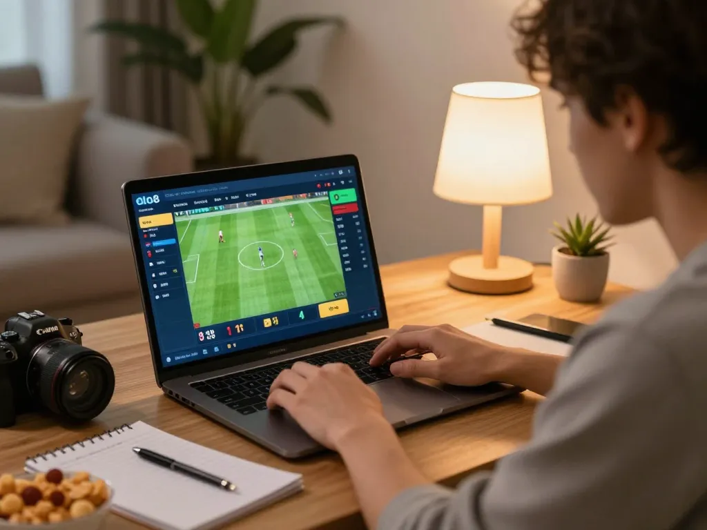 Placing bets on alo8 while watching live sports on a laptop in a cozy home environment
