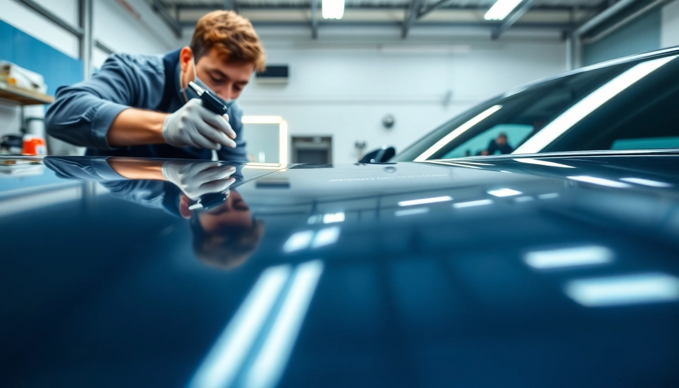 Keramikversiegelung München: Professionelle Anwendung von Keramikbeschichtung auf einem Automobil in einer modernen Werkstatt.