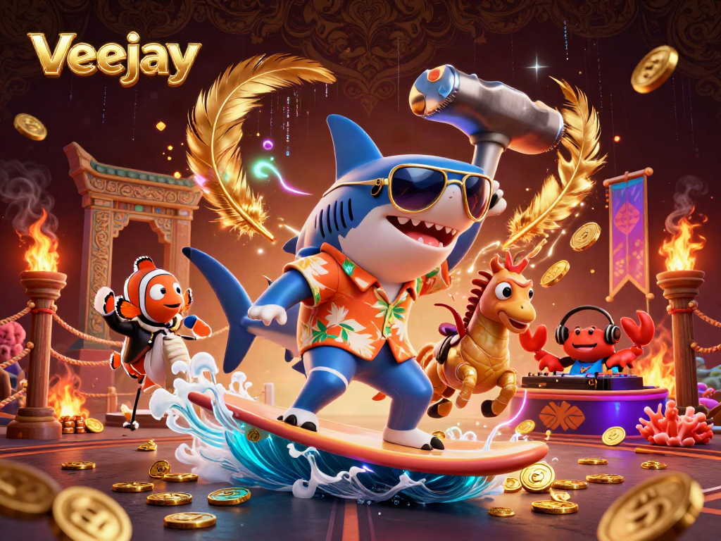 Veejay bietet ein aufregendes Spielerlebnis mit einem cartoonhaften Hammerhai auf einer Welle aus Goldmünzen.