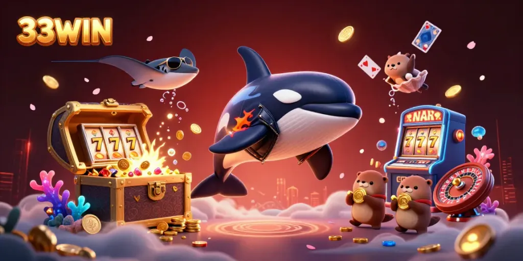 Experience the thrilling casino atmosphere of 33WIN with dynamic characters and vibrant gaming elements.