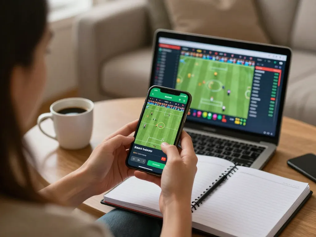 Engaging in sports betting via smartphone on https://vmax88vip.com/ in a cozy living room setting