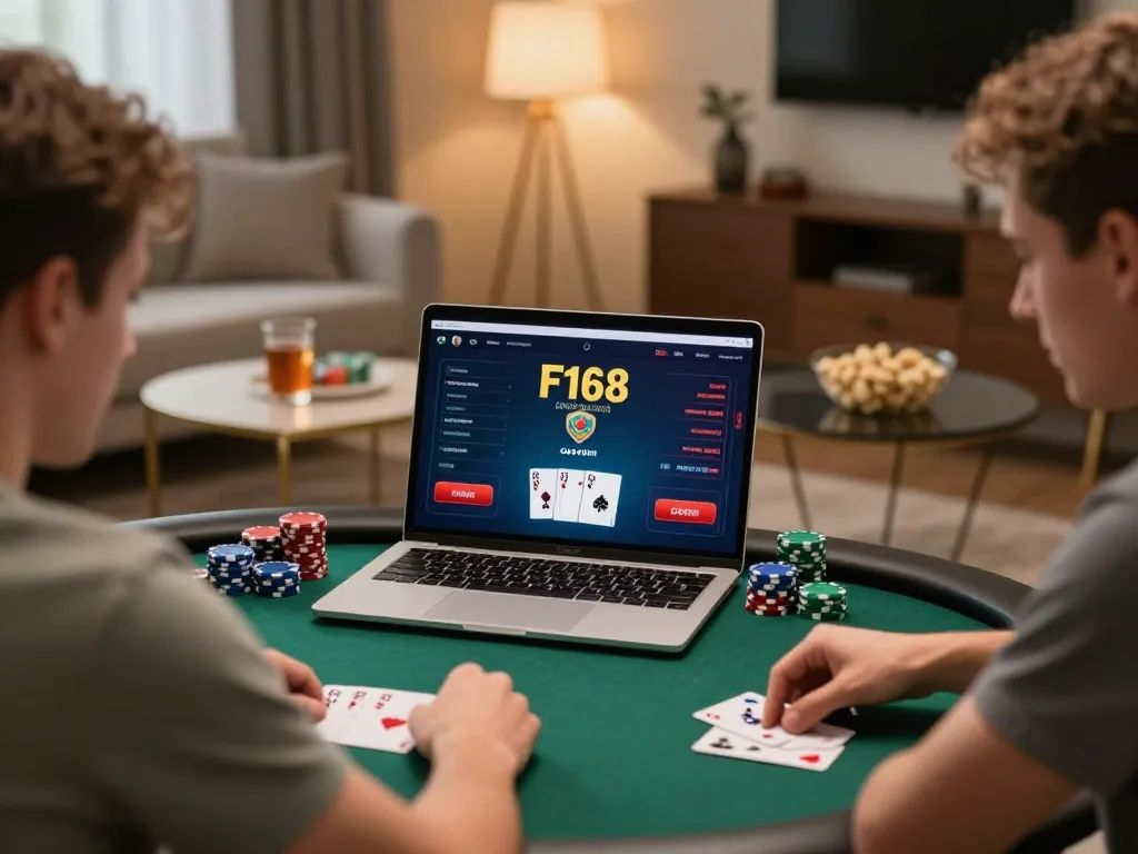 Engaging in online poker at F168 platform with vibrant chips and cards visible.