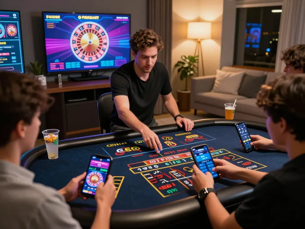 SC88 app users engaging with a live dealer and vibrant roulette gameplay in a cozy home setup.