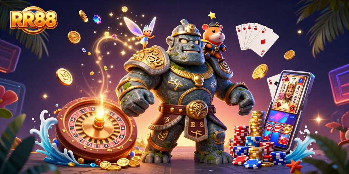 Experience RR88 thrills with a magical golem, fairy, and hamster knight in an exciting casino scene.