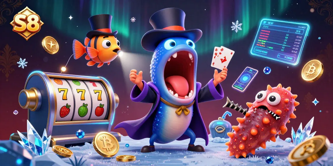 S8 Casino: Bioluminescent eel and anglerfish showcasing unique gambling magic tricks amidst vibrant neon casino elements.