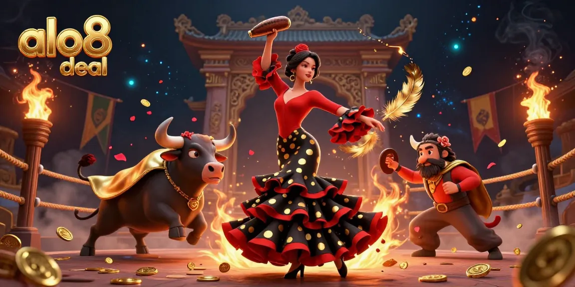 Experience the thrill of winning with the alo8 deal; a captivating 3D illustration of a flamenco dancer and a golden cape bull.