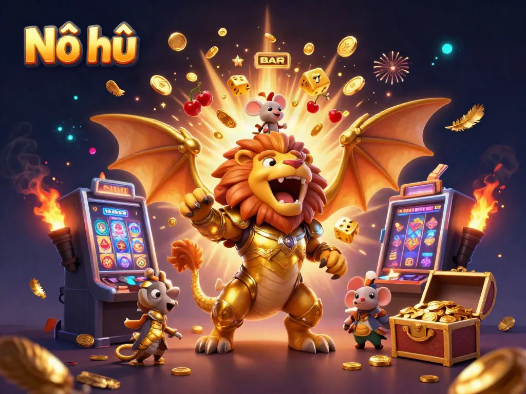 Nổ hũ jackpot explosion with a victorious chimera and mouse jockey amidst vibrant casino game elements.