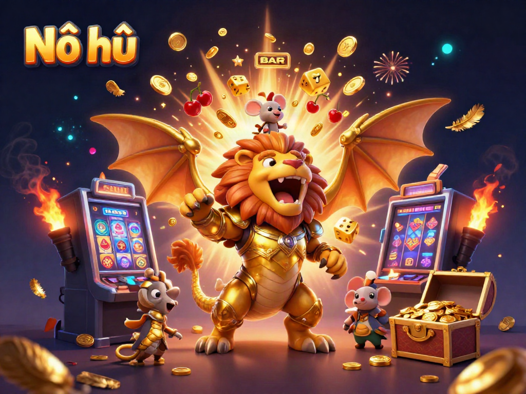 Nổ hũ jackpot explosion with a victorious chimera and mouse jockey amidst vibrant casino game elements.