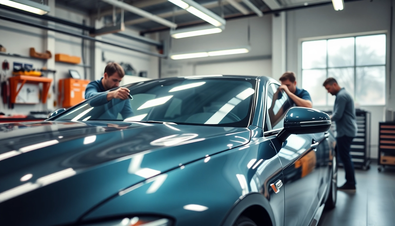 Lackschutzfolie München wird professionell auf einem modernen Auto in einer Werkstatt aufgetragen.