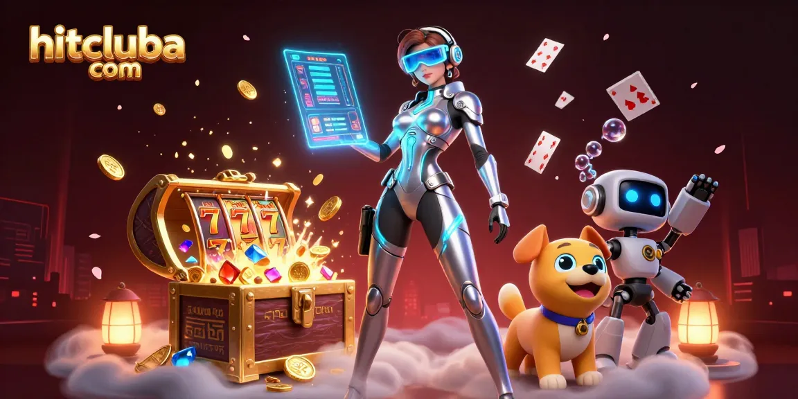 Engage with the immersive games at hitcluba com featuring a futuristic woman and robot dog in a vibrant casino world.