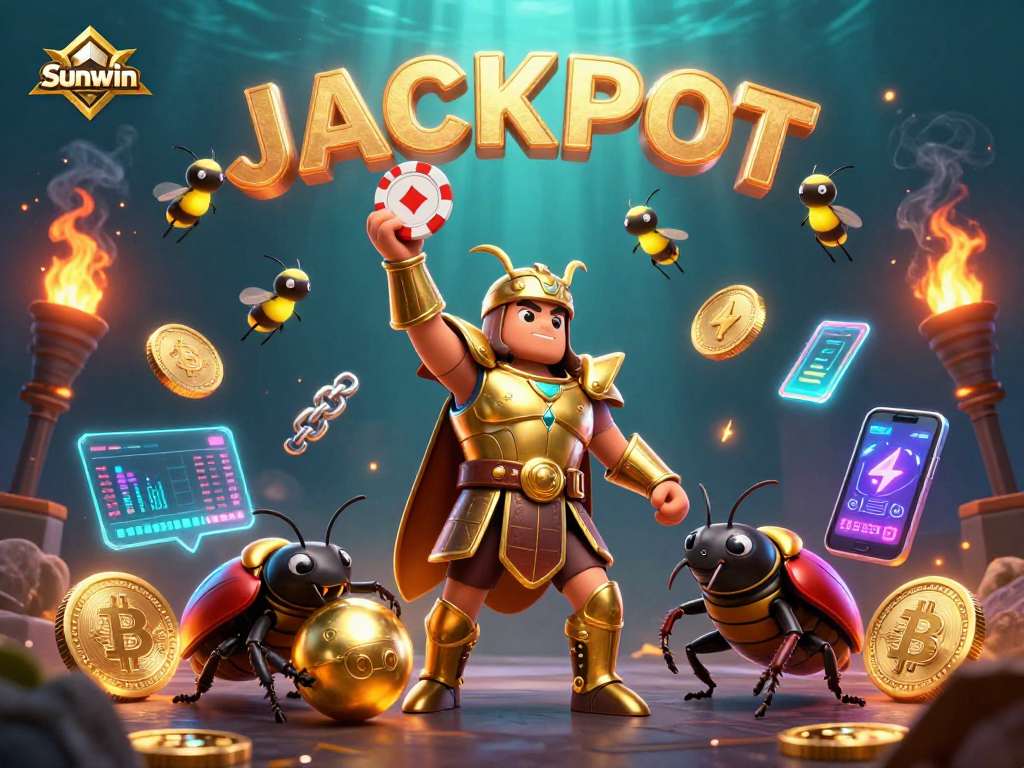 Experience big wins at Sunwin with a vibrant scene of a heroic beetle celebrating victory among digital gaming elements.
