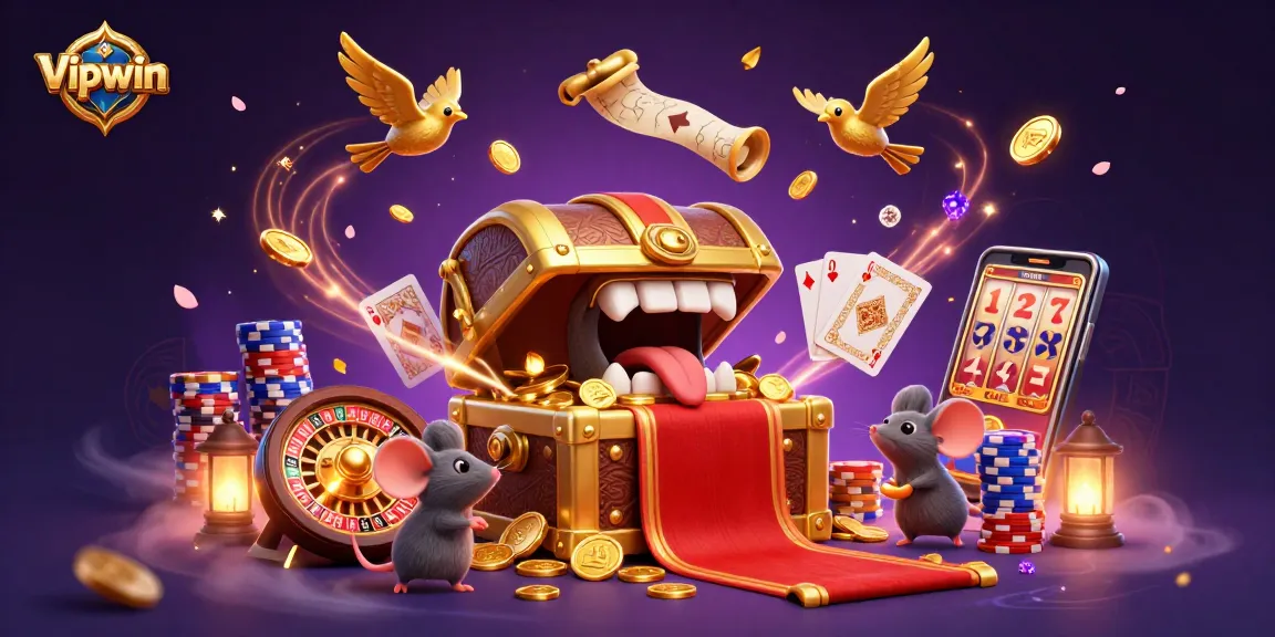 Engage in thrilling gameplay at Vipwin with a colorful and dynamic casino scene showcasing treasures and games.
