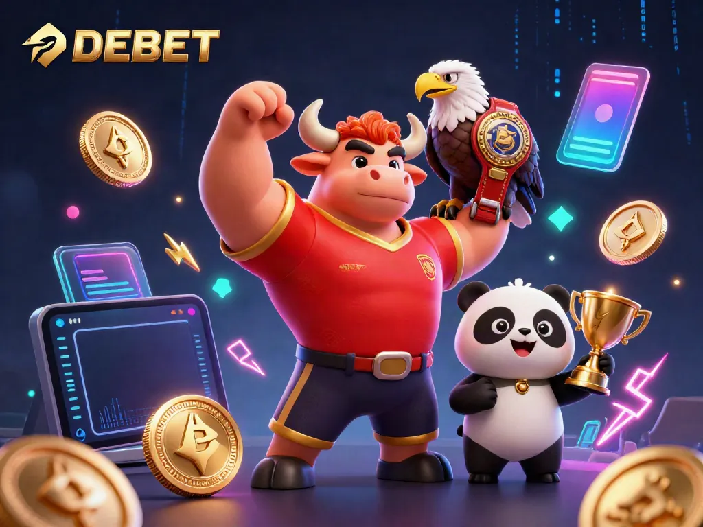 Engage with DEBET's thrilling world of online gambling featuring a cartoon bull mascot celebrating victory.
