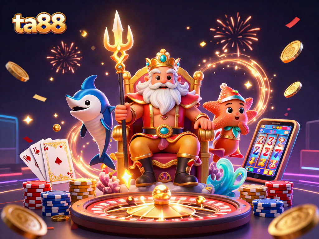 Experience the thrill of ta88 with Neptune and friends in this vibrant 3D casino scene filled with excitement.
