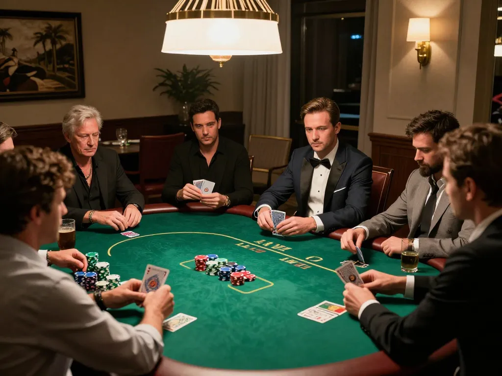mm88 players engaging in a thrilling poker game at a luxury table surrounded by vibrant decor