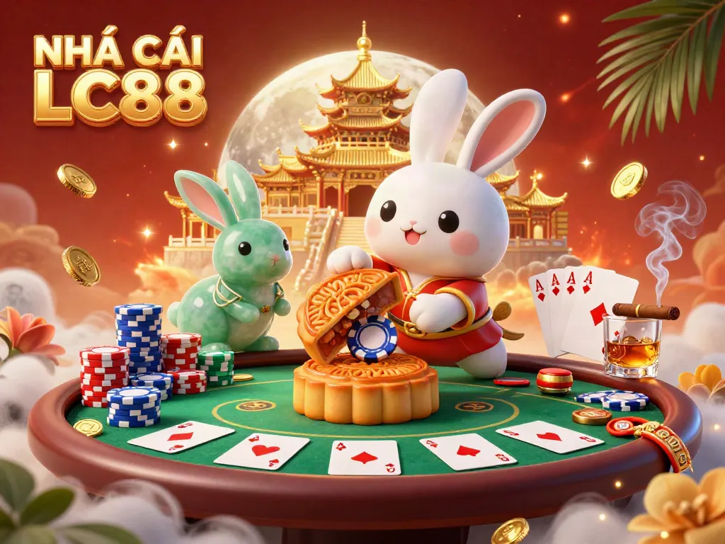 Experience the thrill of NHÀ CÁI LC88 with a vibrant moon rabbit scene revealing poker chips in connected folklore!