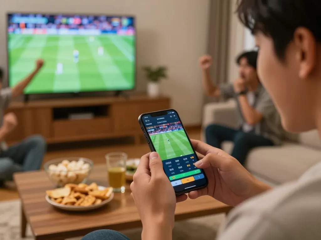 Engaging in แทงบอล sports betting via smartphone during a live match.