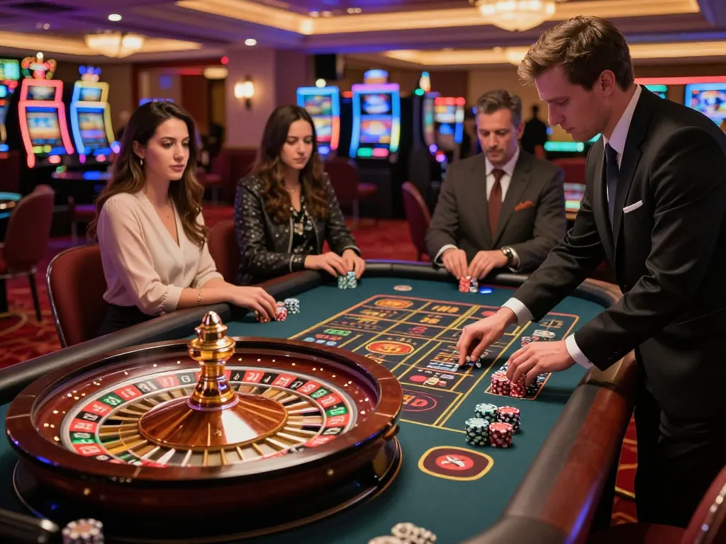 Players engaging at the roulette table at casino 5679, showcasing vibrant atmosphere and excitement.