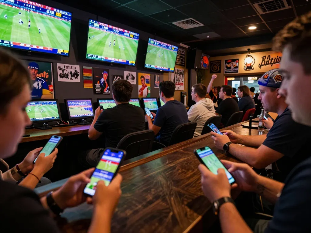 Excited patrons using G28 sports betting app during live sports events in a vibrant bar atmosphere