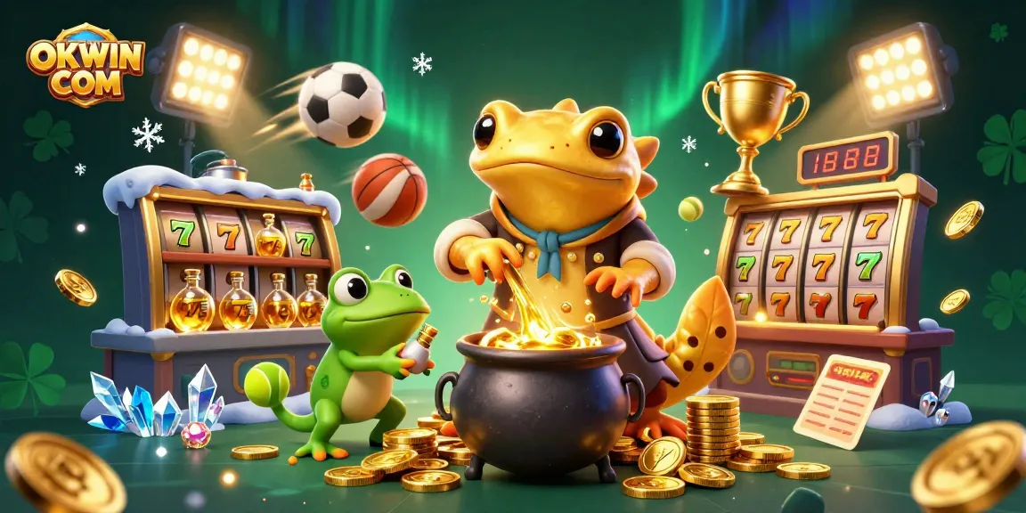 Engage in thrilling games at OKWIN COM with a dynamic scene of a golden salamander, frog, and newts in a dazzling casino illustration.