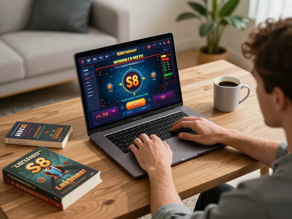 Engaging online gaming experience at S8 displayed on laptop, cozy atmosphere with coffee and strategy notes.
