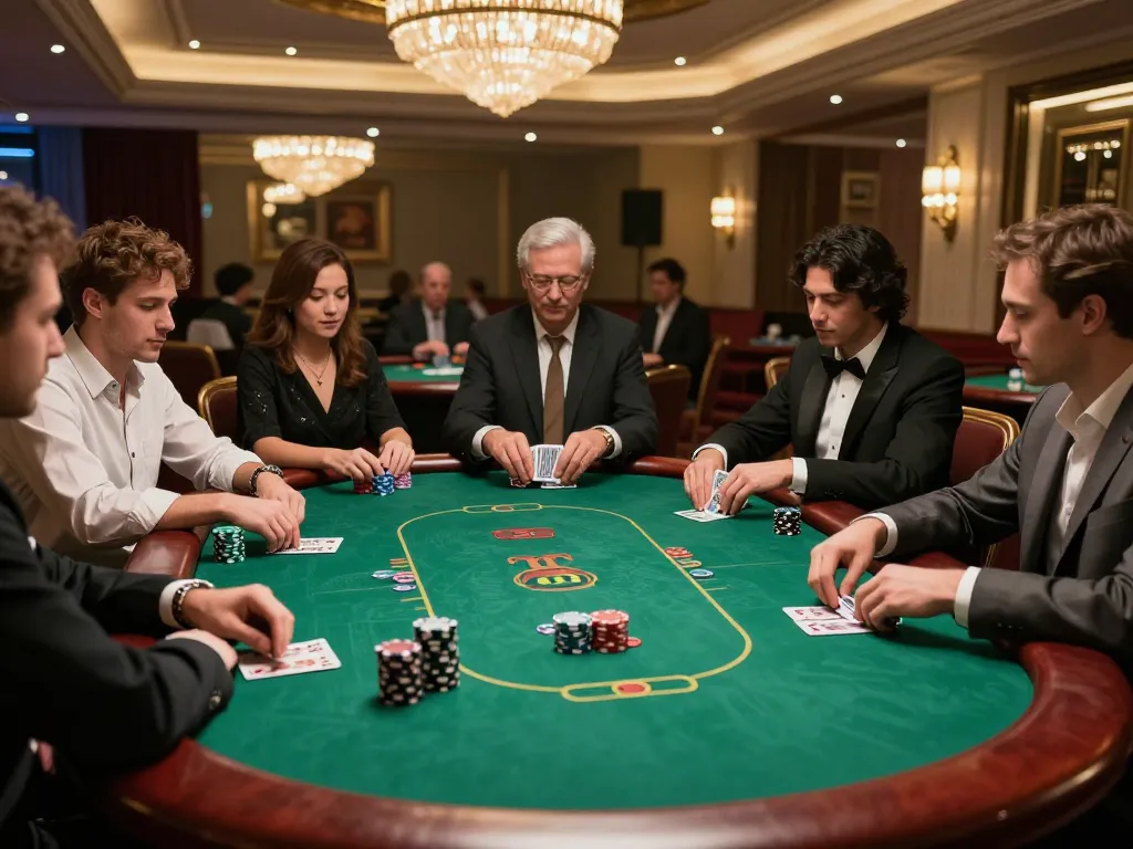 Sunwin poker game with players strategizing their hands at a lavish casino table.