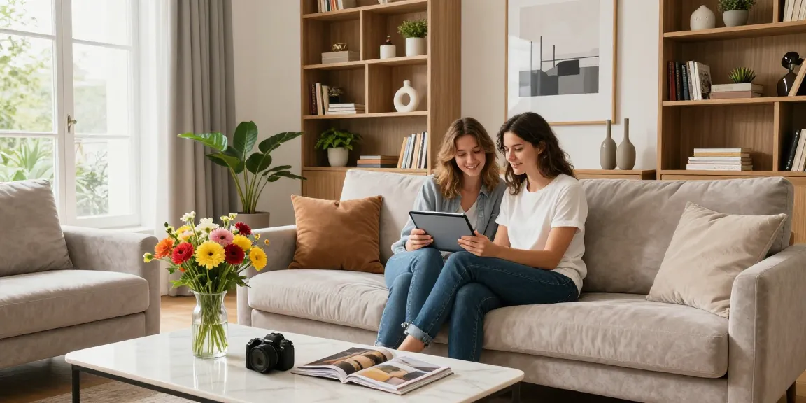 Gemütliche Wohnzimmer-Szene mit einem Paar, das wohnmöbel online kaufen auf einem Tablet durchstöbert, zeigt stilvolle Möbel und Dekor.