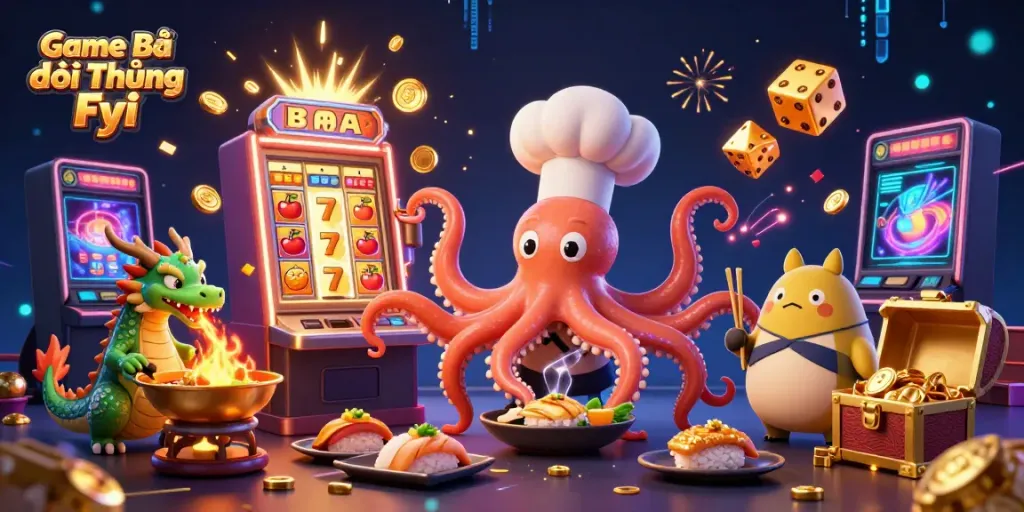 Experience thrilling gameplay and jackpot excitement with Game Bài Đổi Thưởng Fyi's vibrant casino illustration featuring dynamic characters and rich visuals.