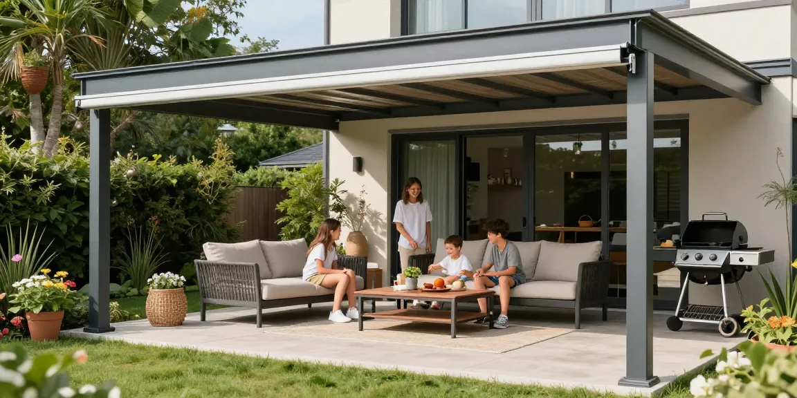 Moderne Terrassenüberdachung aus Aluminium, die eine einladende Atmosphäre für Familie und Garten bietet.