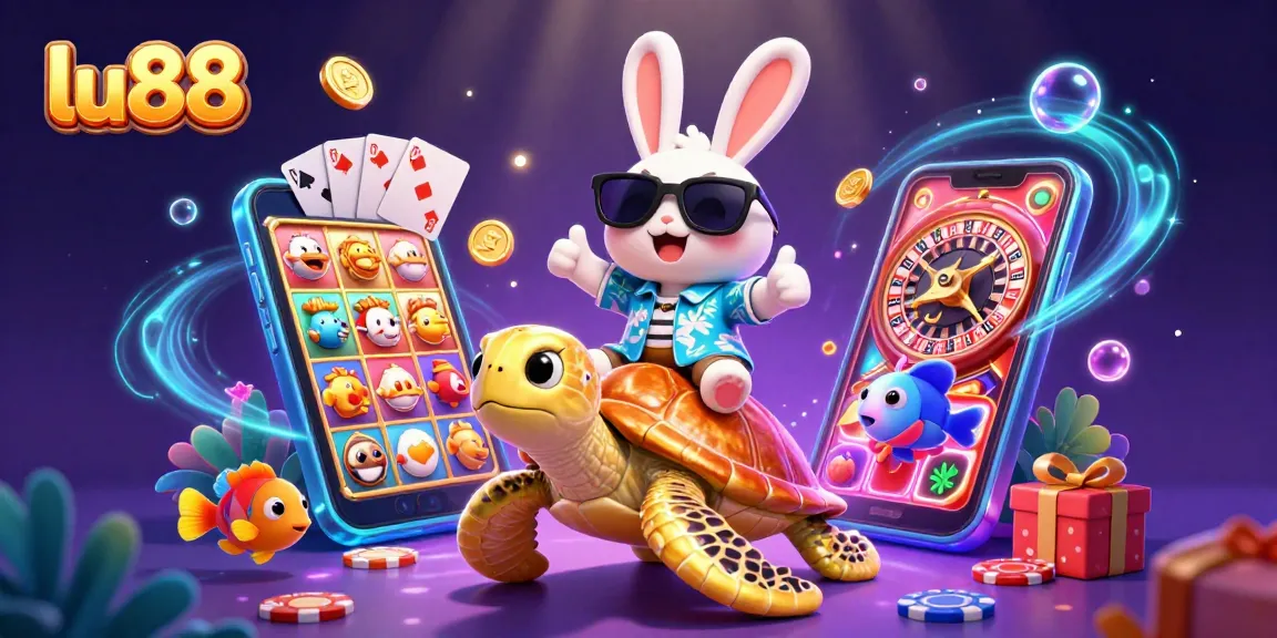Experience thrilling luck at lu88 with the cheerful lucky rabbit and golden turtle in a vibrant casino scene.