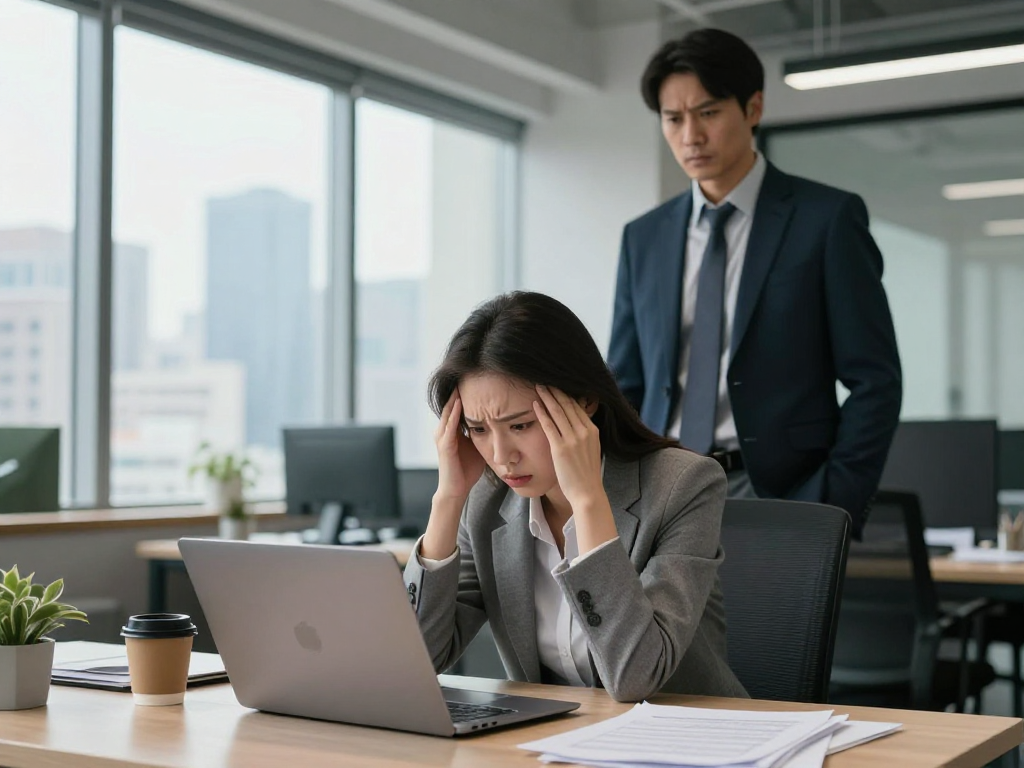 Die emotionale Belastung eines Mitarbeiters, der von seinem Chef gemobbt wird, im modernen Büro.